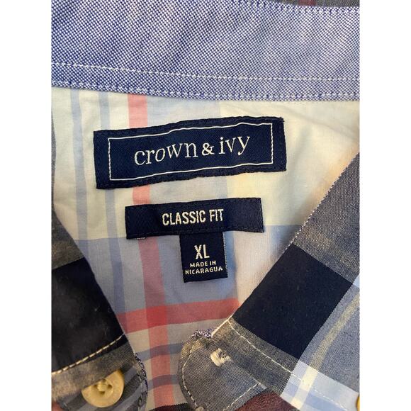 Crown & Ivy Button Up Shirt Mens XL Plaid Classic Fit Long Sleeve Collar Pocket - Picture 2 of 11
